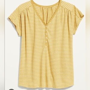 OLD NAVY Loose V-Neck Linen-Blend Henley T- Shirt Women XL Yellow White Striped